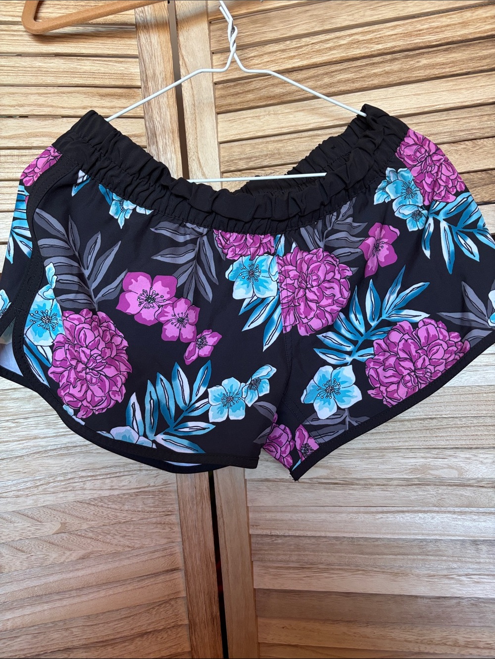 burnside Black Athletic Shorts with Pink and Aqua Floral Print Medium